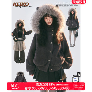 KEIKO 轻奢绒感银狐雪绒呢毛呢外套女冬季环保貂毛领短款连帽大衣