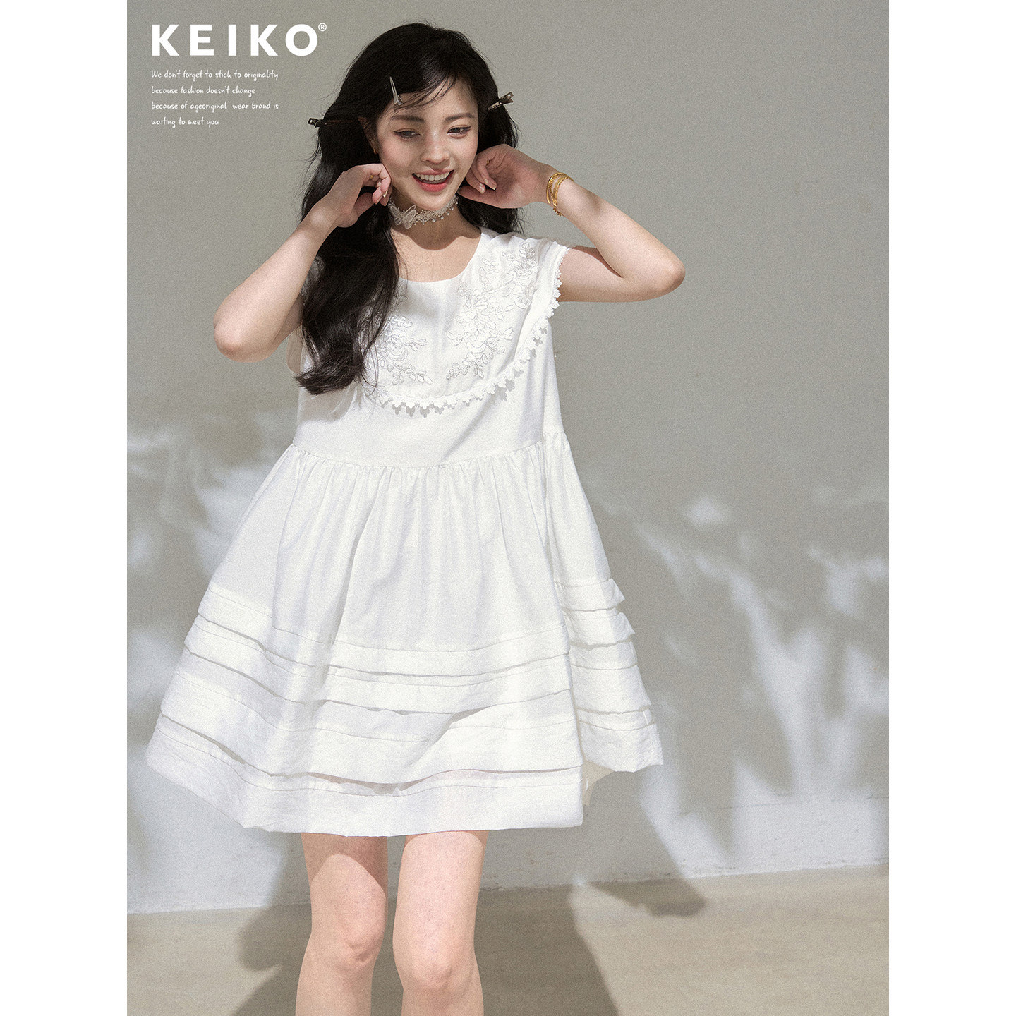 KEIKO法式多层压褶白色连衣裙										