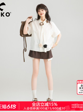 KEIKO 小清新系带扎花白色短袖衬衫夏季通勤穿搭茶里茶气别致上衣