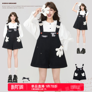 女2026春夏减龄小个子阔腿宽松短裤 KEIKO 趣味小手掌背带牛仔裤