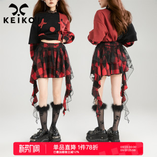 KEIKO 重工蝴蝶绣红格子半身裙26春夏甜辣不规则飘带显瘦百褶短裙