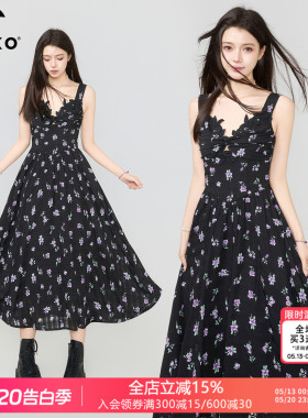 KEIKO 法式小碎花黑色吊带连衣裙夏季氛围感度假蕾丝花边雪纺长裙