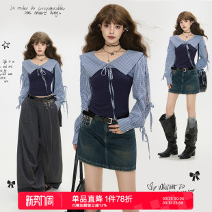 气质通勤修身 KEIKO 26春季 衬衫 显瘦系带上衣 韩系格纹翻领拼接长袖