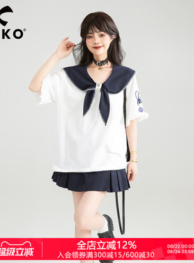 KEIKO 盐色航海风白色短袖t恤女夏日校园风减龄海军领上衣水手服