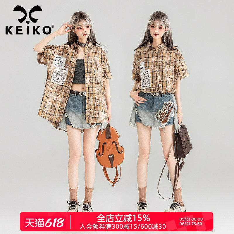 KEIKO 复古美式扎染格子短袖衬衫女夏季青春减龄感贴布宽松上衣