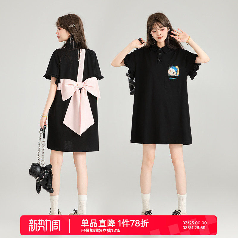KEIKO 蝴蝶结girl 甜系黑色polo领连衣裙夏季少女感减龄t恤裙