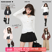 t恤女2026春季 KEIKO美式 亨利领白色长袖 弹力收腰显瘦正肩打底上衣