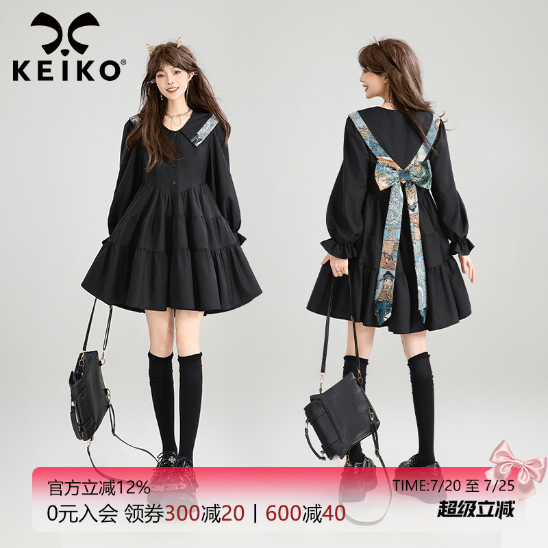 KEIKO 蝴蝶结girl 提花黑色连衣裙秋季层叠拼接A字蓬蓬蛋糕短裙子