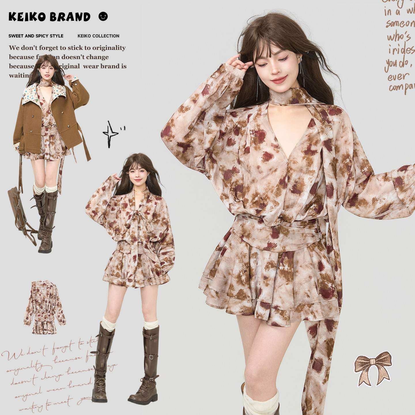 KEIKO法式轻纱晕染碎花连衣裙2026春夏优雅飘带V领茶歇雪纺百褶裙,女装/女士精品,连衣裙,淘宝优惠券,粉丝福利购,淘宝优惠卷