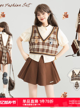 KEIKO蝴蝶结girl 古早味穿搭套装女夏季别致学院风假两件衬衫上衣