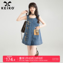 小個(gè)子元 KEIKO 設(shè)計(jì)感斜襟盤(pán)扣背帶牛仔褲 夏季 氣減齡闊腿連衣短褲