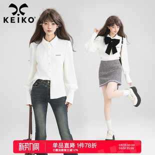 通勤显瘦白色长袖 衬衫 春季 KEIKO 泡泡袖 分割剪裁 法式 上衣 抗皱