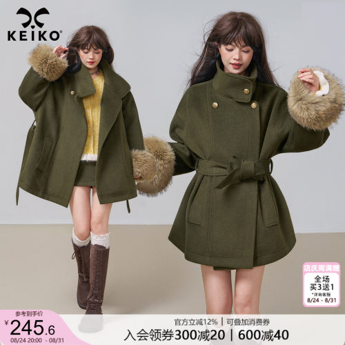 KEIKO高级感橄榄绿廓形毛呢外套