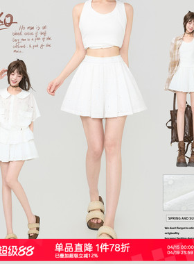 KEIKO 芭蕾风镂空刺绣短裙夏季白色百褶裙夏季辣妹防走光短裤裙裤