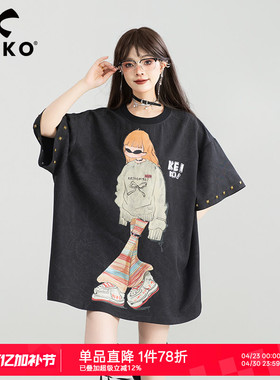 KEIKO 美式复古印花短袖t恤女中长款夏季y2k嘻哈铆钉饰宽松t恤裙