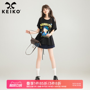 KEIKO反差感前长后短黑色短袖 t恤夏日ootd穿搭小个子显瘦漂亮上衣