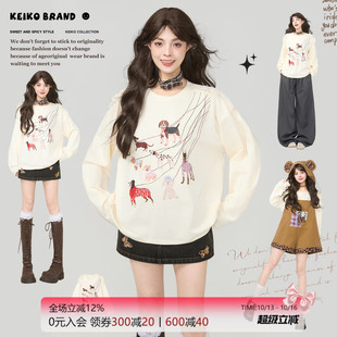 KEIKO 牵绳小狗图案长袖t恤女秋季蕾丝花边饰圆领宽松休闲上衣