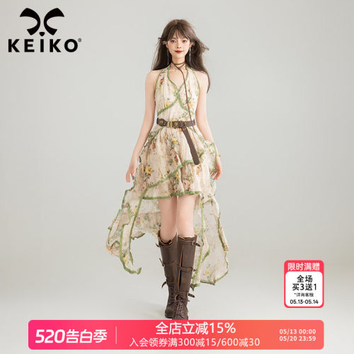 KEIKO法式复古碎花挂脖连衣裙