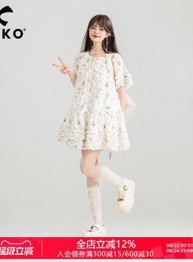 KEIKO 卡通小碎花白色连衣裙夏季立体感褶皱荷叶边圆领A字娃娃裙