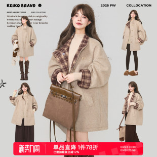 呢子风衣外套 韩系格纹撞色中长款 KEIKO 高级感立领羊毛呢大衣冬季