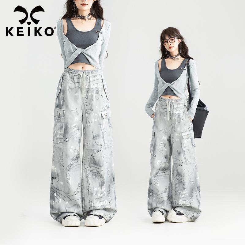 KEIKO 美式工装风浅灰直筒牛仔裤女25秋季潮流街头涂鸦印花阔腿裤