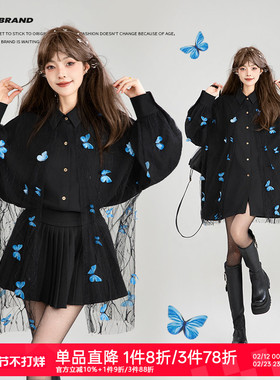 KEIKO [徐风蝶舞]立体花黑色长袖衬衫春季轻法风绣花蕾丝拼接上衣