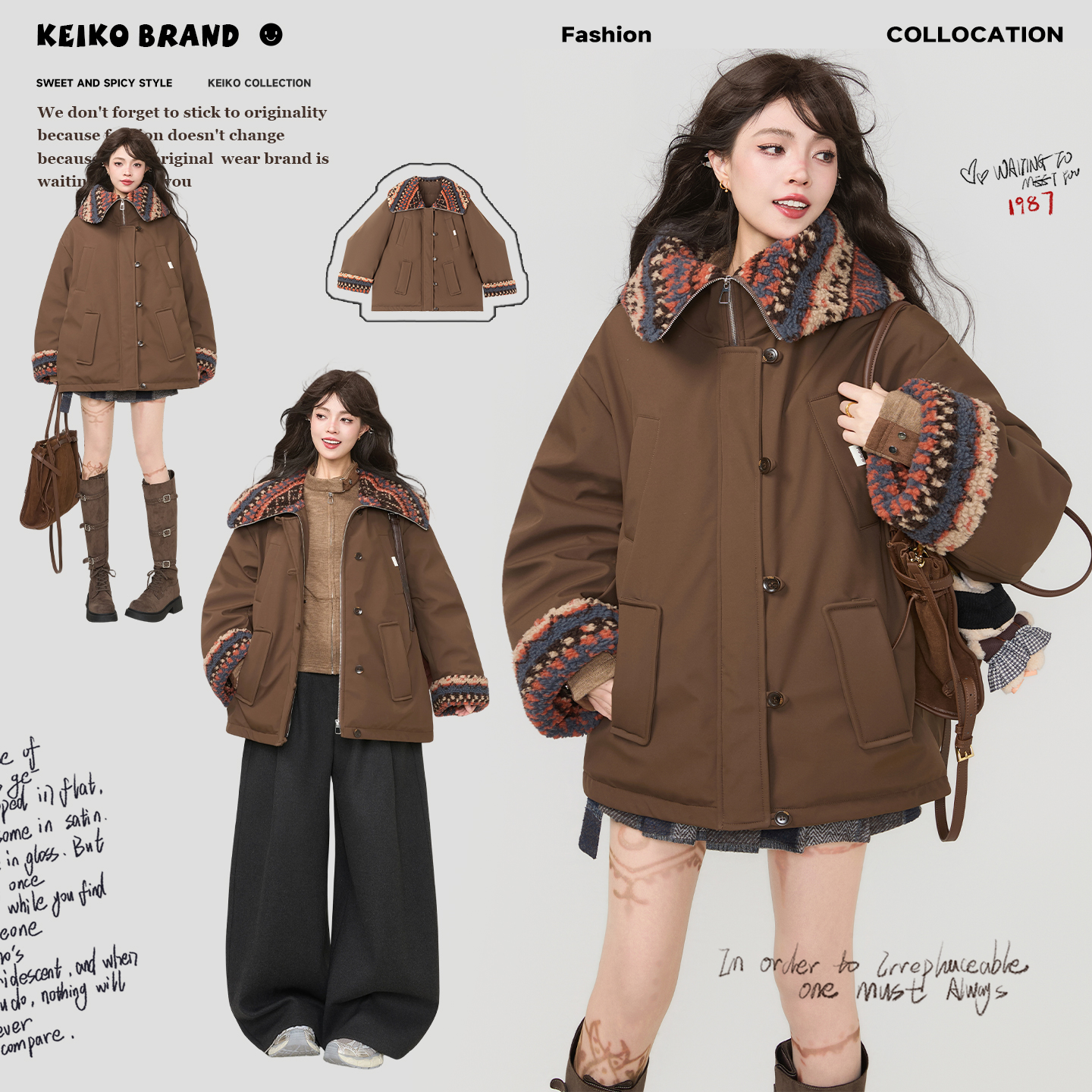 KEIKO 巴恩风羊羔毛拼接派克服棉衣2025冬季复古棕色工装加厚外套