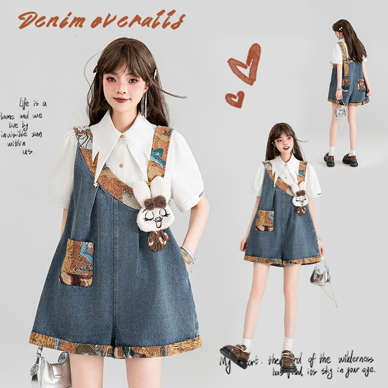 KEIKO 鬼马少女感提花拼接背带牛仔裤夏季减龄显瘦宽松阔腿短裤