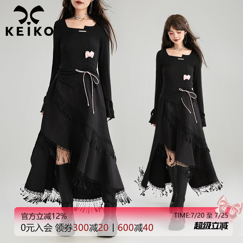 KEIKO 酷飒不规则黑色a字半身裙秋季高端蕾丝流苏摆绝美显瘦长裙