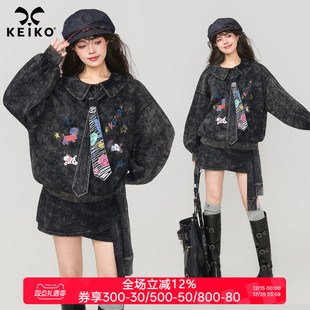 甜酷风涂鸦印花上衣 水洗做旧娃娃领卫衣女2026早春新款 KEIKO 美式