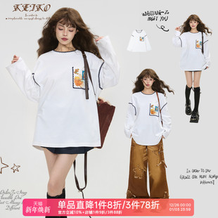 贝壳包边慵懒休闲宽松纯棉上衣 T恤女26春季 KEIKO 文艺风绣花长袖