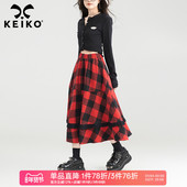 KEIKO 复古红黑拼格纹半身裙26春季 优雅蕾丝花边高腰A字遮肉伞裙