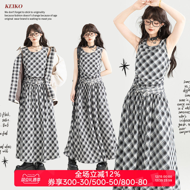KEIKO 复古黑白格子系带连衣裙25秋季气质显瘦A字大摆无袖长裙子