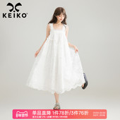 KEIKO A字长裙 温柔无袖 重工刺绣 白色欧根纱吊带连衣裙春夏法式