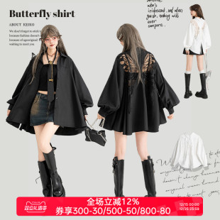 上衣宽松防晒衫 KEIKO 2026春夏高级感泡泡袖 衬衫 蝴蝶刺绣黑色长袖