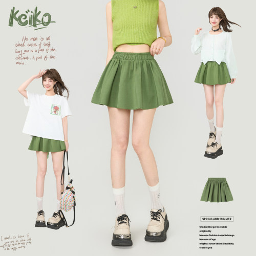 KEIKO森系少女风绿色百褶半身裙
