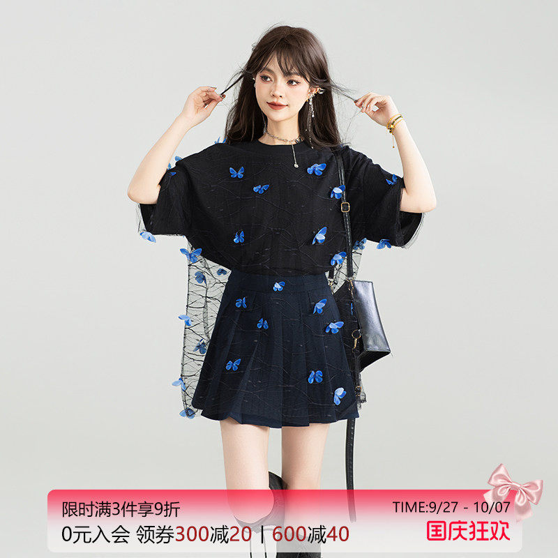 KEIKO 仙灵蝴蝶花薄纱拼接T恤女酷感慵懒宽松显瘦黑色短袖上衣