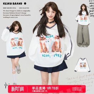 可爱萌猫印花拼色织条V领薄卫衣 运动风白色凉感t恤春季 KEIKO 美式