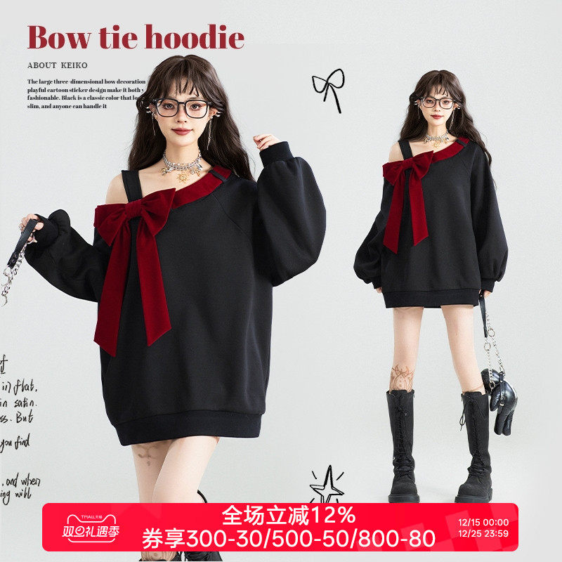 KEIKO 蝴蝶结少女girl 薄款斜肩卫衣女25秋季新宽松显瘦露肩上衣