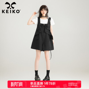 ootd减龄穿搭宽松阔腿五分裤 女夏季 子 立体蝴蝶结饰背带短裤 KEIKO