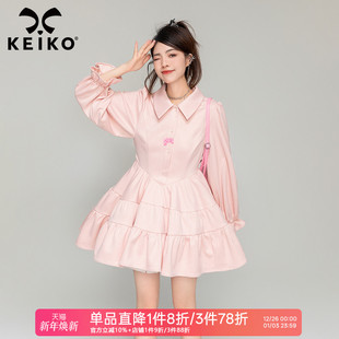 KEIKO甜妹减龄polo领连衣裙秋季 学院风粉色小个子显瘦A字裙 非正式