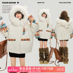 大毛领加厚棉服外套 复古回潮提花派克服冬季 KEIKO 蓄热毛绒内里