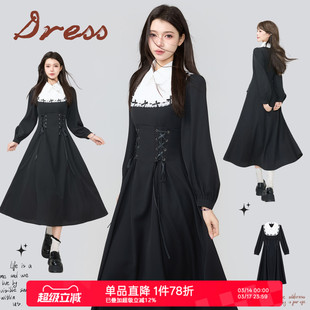 KEIKO 法式复古收腰蕾丝连衣裙26春夏气质哥特风A字大摆黑色长裙