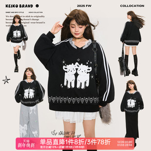 KEIKO甜酷蕾丝V领黑色印花卫衣女25秋季 运动织带休闲上衣 复古美式