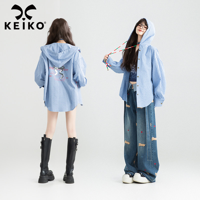 KEIKO美式复古蓝格子连帽衬衫图片