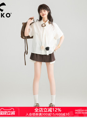 KEIKO 小清新系带扎花白色短袖衬衫夏季通勤穿搭茶里茶气别致上衣