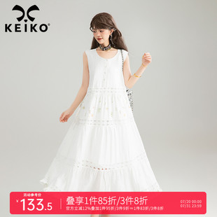 镂空蕾丝花边白色无袖 KEIKO 长裙子夏日海边度假风圆领背心连衣裙
