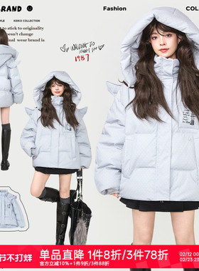 KEIKO 可拆卸羽翼饰短款连帽棉服女25冬季气质减龄蓝色波点面包服