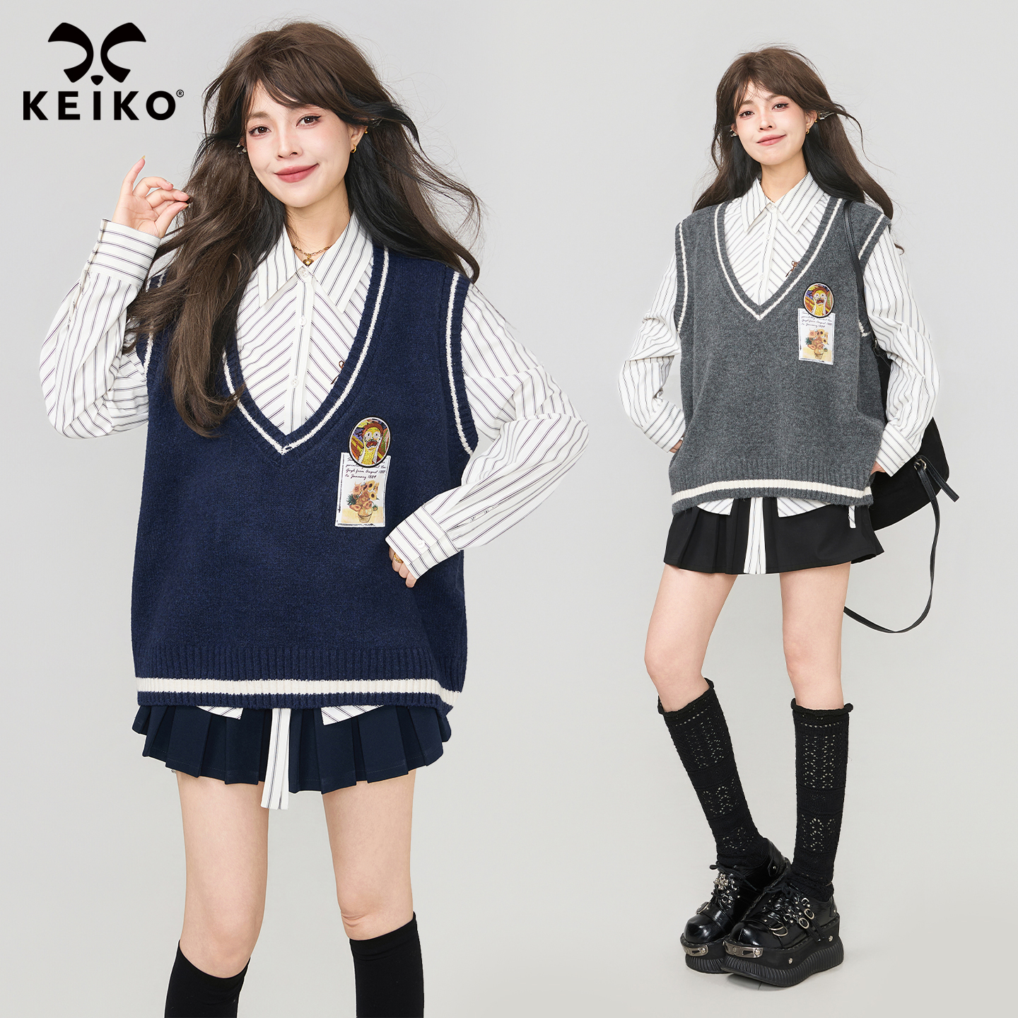 KEIKO 学院风撞色V领徽章刺绣针织马甲秋冬衬衫叠搭无袖毛衣背心