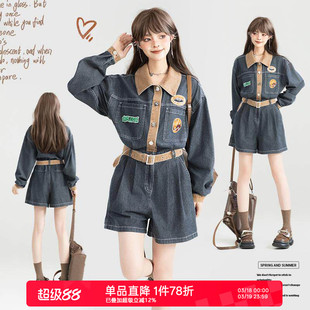 KEIKO [绣标] 美式复古牛仔连衣裤26春季工装风系带显瘦连身短裤